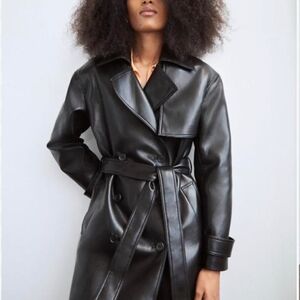 Aritzia Babaton Black Faux Leather Tabloid Trench Coat